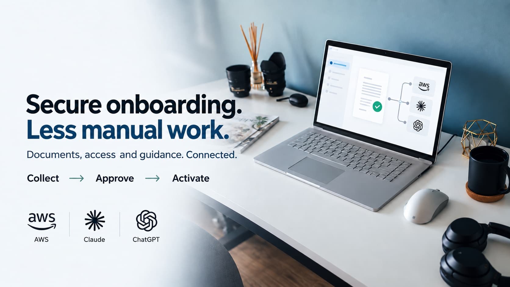 A collect, approve, activate onboarding workflow connected to AWS, Claude, and ChatGPT on a laptop screen