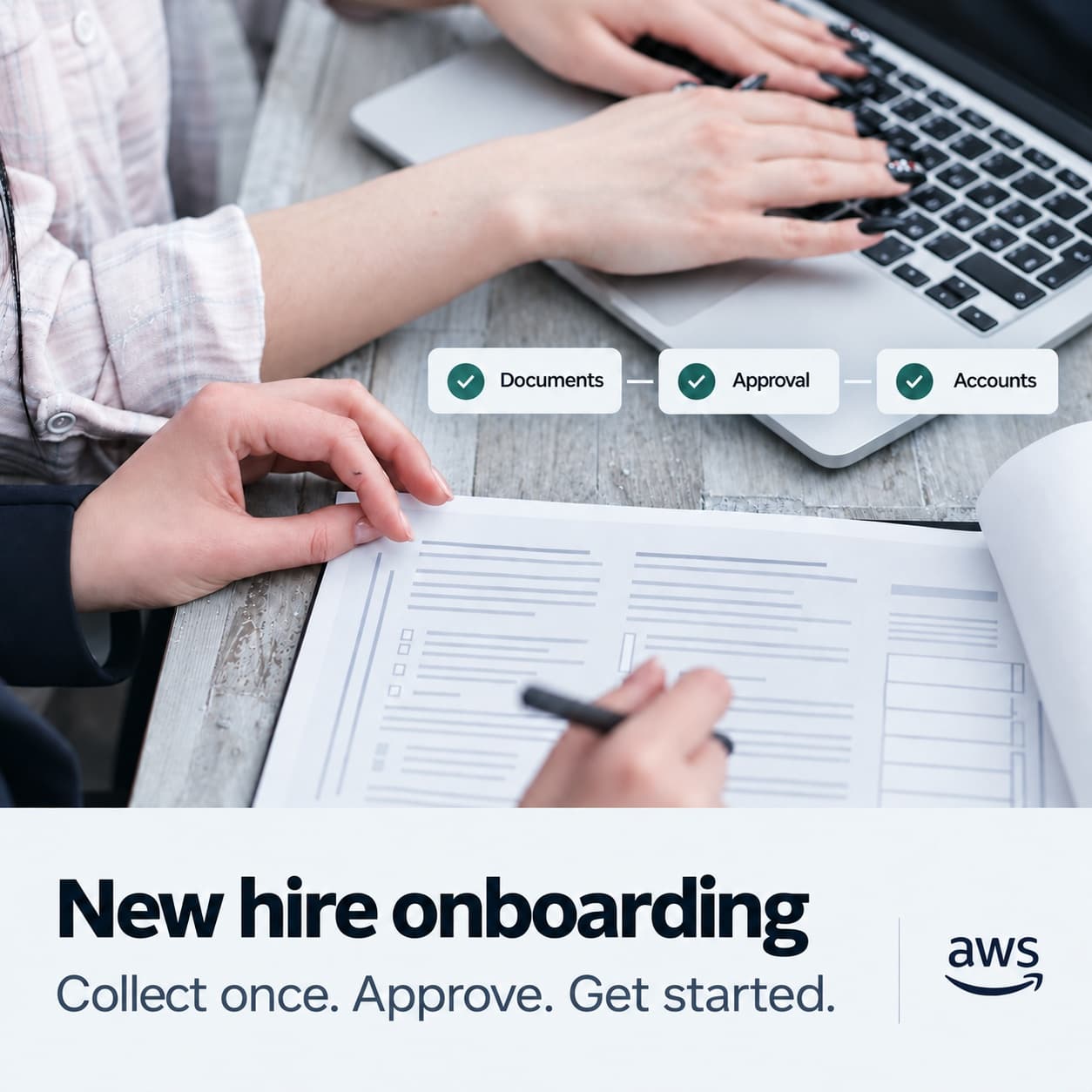 A new hire completing onboarding documents alongside a laptop showing document, approval, and account steps