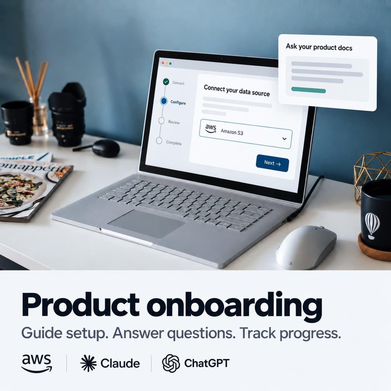 A guided product setup screen connecting a data source, with a product docs assistant panel